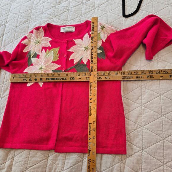 Vintage Tiara Cardigan Sweater Womens M Pink Embellished Poinsettia Festive - Picture 7 of 8